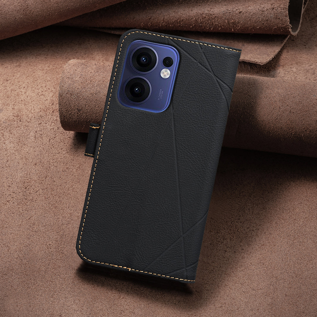For Oppo Reno13 F 5G Case BINFEN COLOR BF35 Geometry Imprinted Leather Phone Cover RFID Blocking Wallet Stand - Black