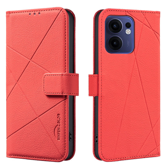 For Oppo Reno13 F 5G Case BINFEN COLOR BF35 Geometry Imprinted Leather Phone Cover RFID Blocking Wallet Stand - Red