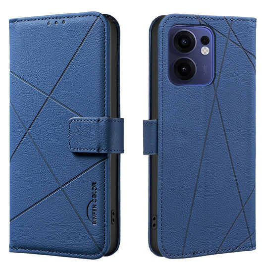 For Oppo Reno13 F 5G Case BINFEN COLOR BF35 Geometry Imprinted Leather Phone Cover RFID Blocking Wallet Stand - Blue