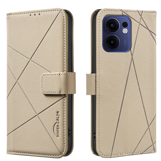 For Oppo Reno13 F 5G Case BINFEN COLOR BF35 Geometry Imprinted Leather Phone Cover RFID Blocking Wallet Stand - Beige