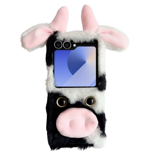 For Samsung Galaxy Z Flip7 5G Case Plush Cow Hard PC Protective Phone Cover - Black