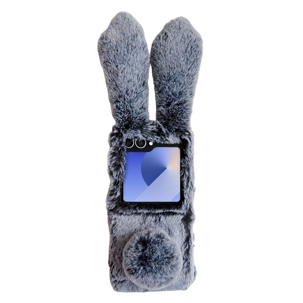 For Samsung Galaxy Z Flip7 5G Case Bunny Ears Winter Plush Hard PC Phone Cover - Dark Grey