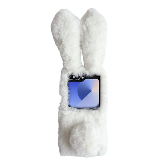 For Samsung Galaxy Z Flip7 5G Case Bunny Ears Winter Plush Hard PC Phone Cover - White
