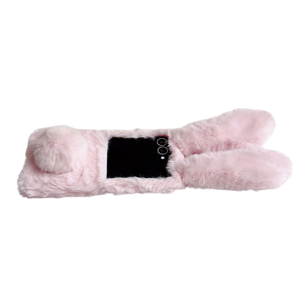 For Samsung Galaxy Z Flip7 5G Case Bunny Ears Winter Plush Hard PC Phone Cover - White
