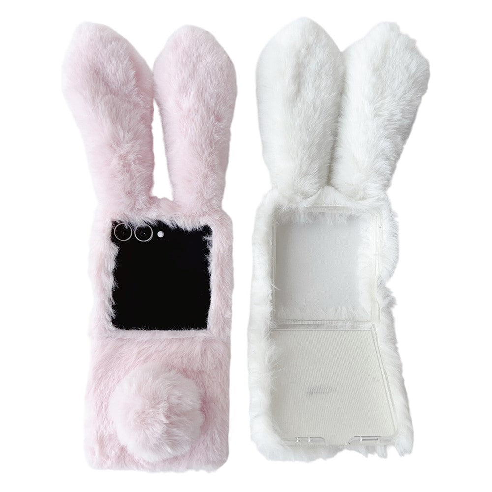 For Samsung Galaxy Z Flip7 5G Case Bunny Ears Winter Plush Hard PC Phone Cover - White