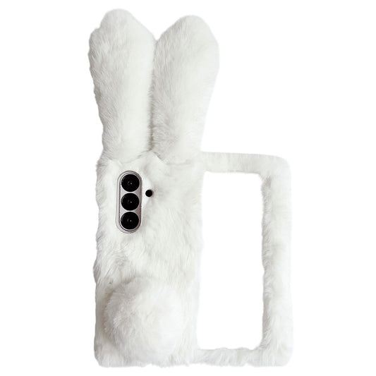 For Samsung Galaxy Z Fold7 5G Case Bunny Ears Winter Plush Hard PC Phone Cover - White