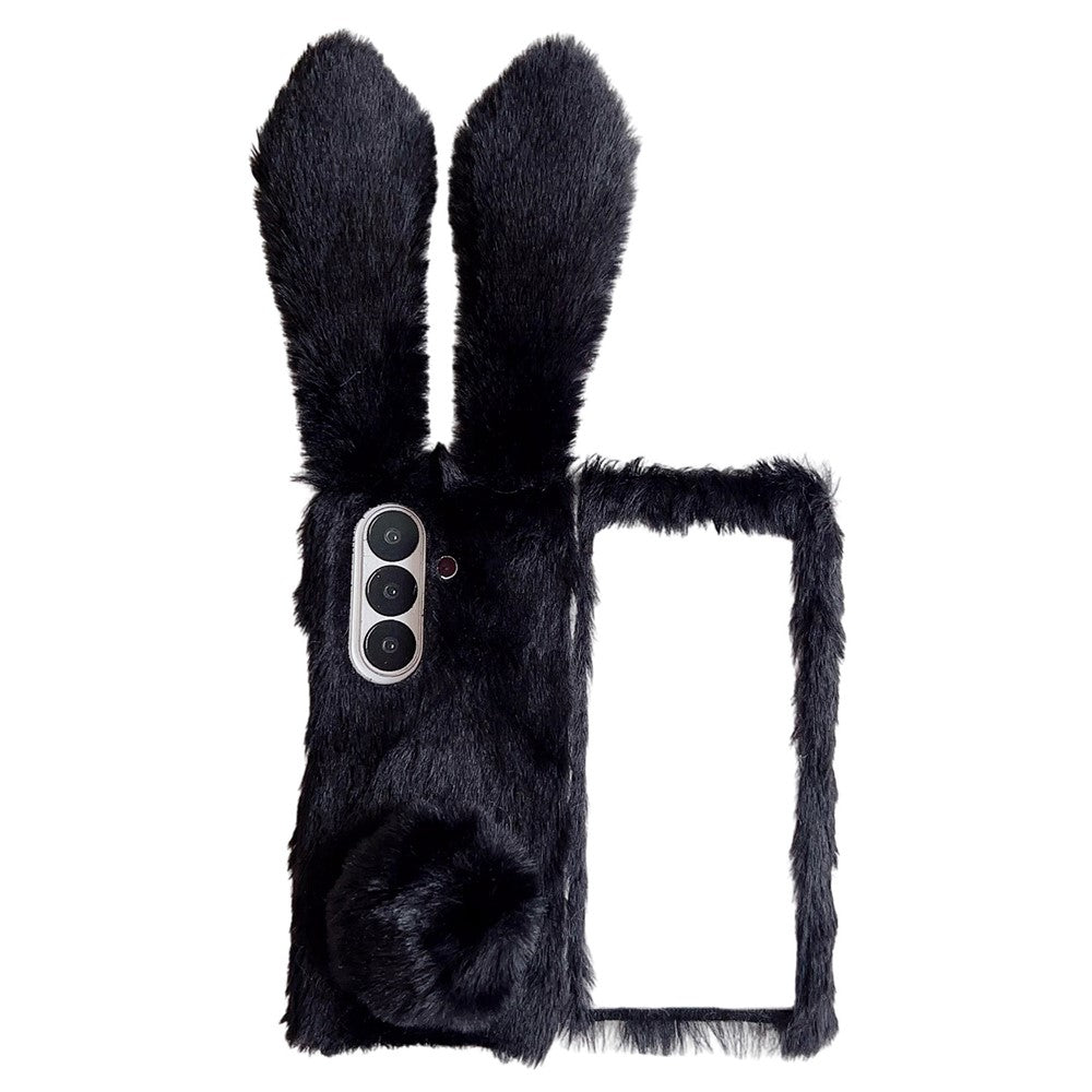 For Samsung Galaxy Z Fold7 5G Case Bunny Ears Winter Plush Hard PC Phone Cover - Black