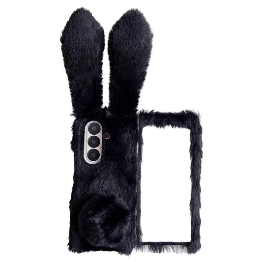 For Samsung Galaxy Z Fold7 5G Case Bunny Ears Winter Plush Hard PC Phone Cover - Black
