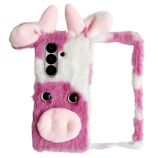For Samsung Galaxy Z Fold7 5G Case Plush Cow Hard PC Protective Phone Cover - Pink