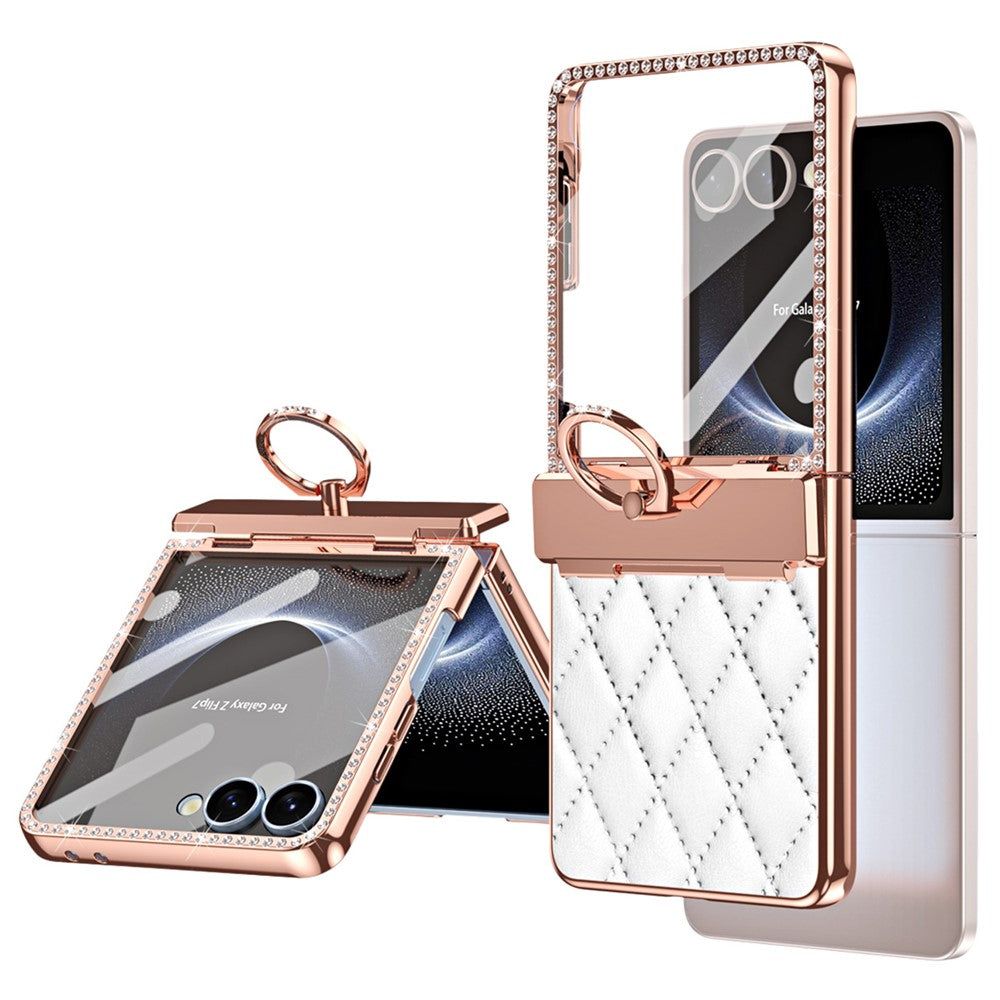 For Samsung Galaxy Z Flip7 5G Case Ring Holder Rhinestone Decor Leather + PC Cover with Rear Screen Film - White