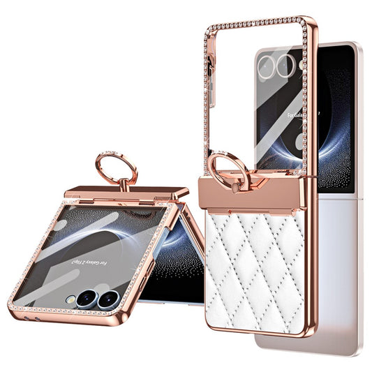 For Samsung Galaxy Z Flip7 5G Case Ring Holder Rhinestone Decor Leather + PC Cover with Rear Screen Film - White