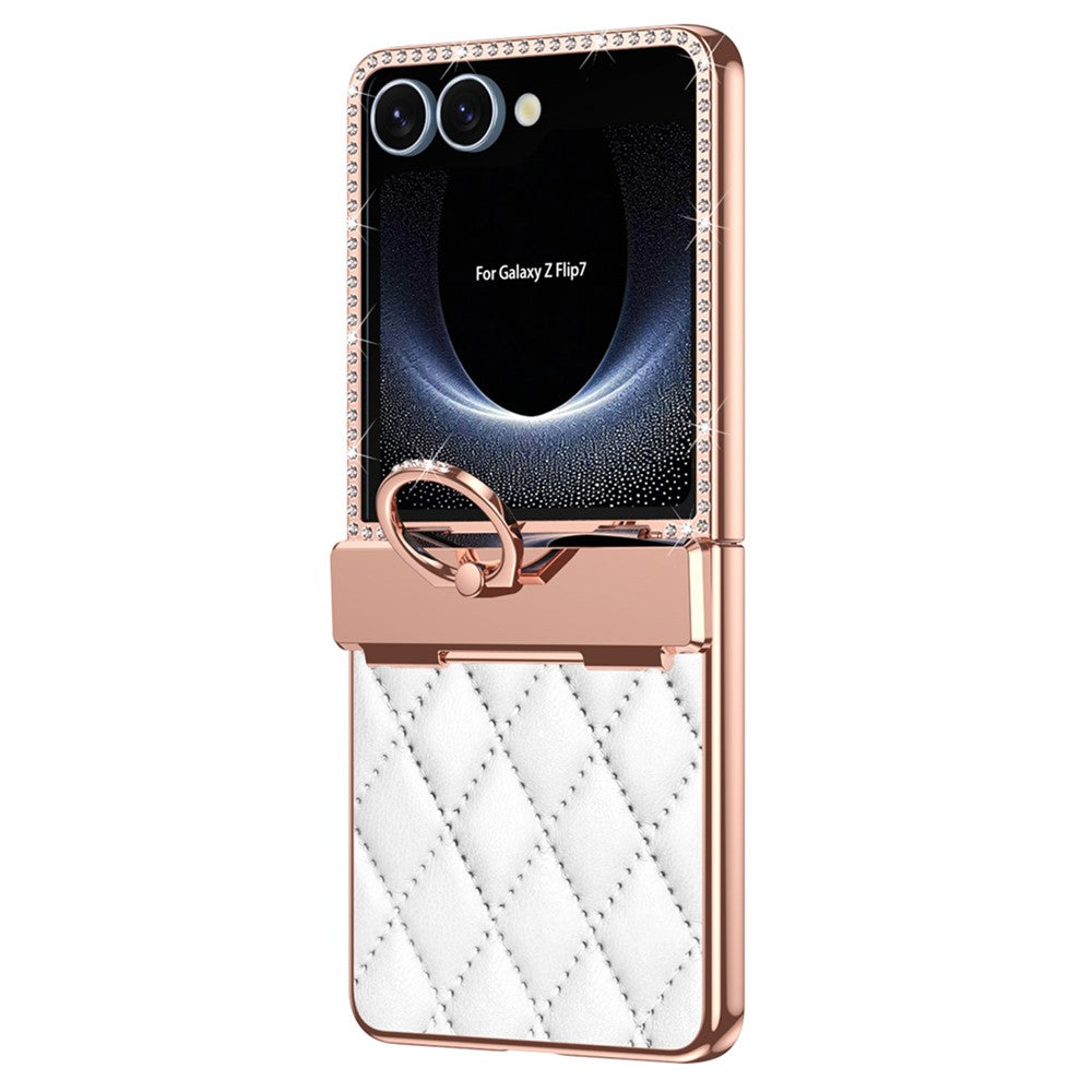 For Samsung Galaxy Z Flip7 5G Case Ring Holder Rhinestone Decor Leather + PC Cover with Rear Screen Film - White