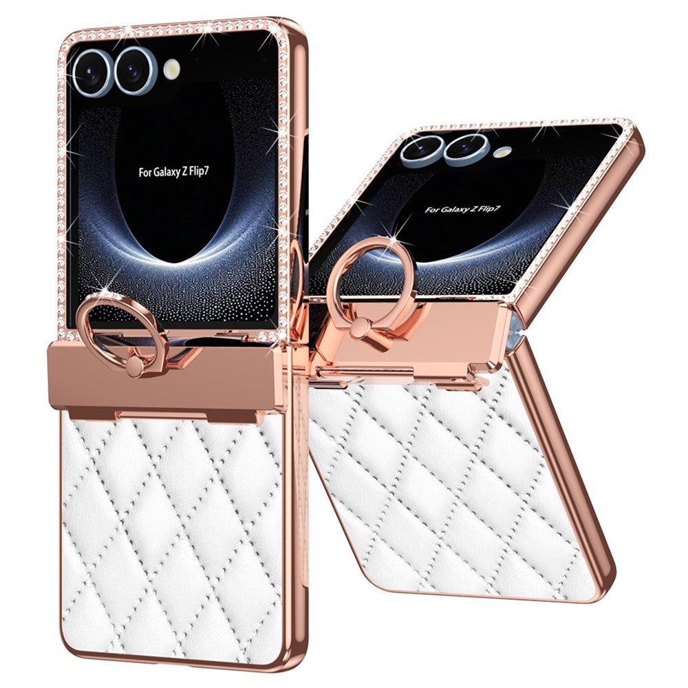 For Samsung Galaxy Z Flip7 5G Case Ring Holder Rhinestone Decor Leather + PC Cover with Rear Screen Film - White