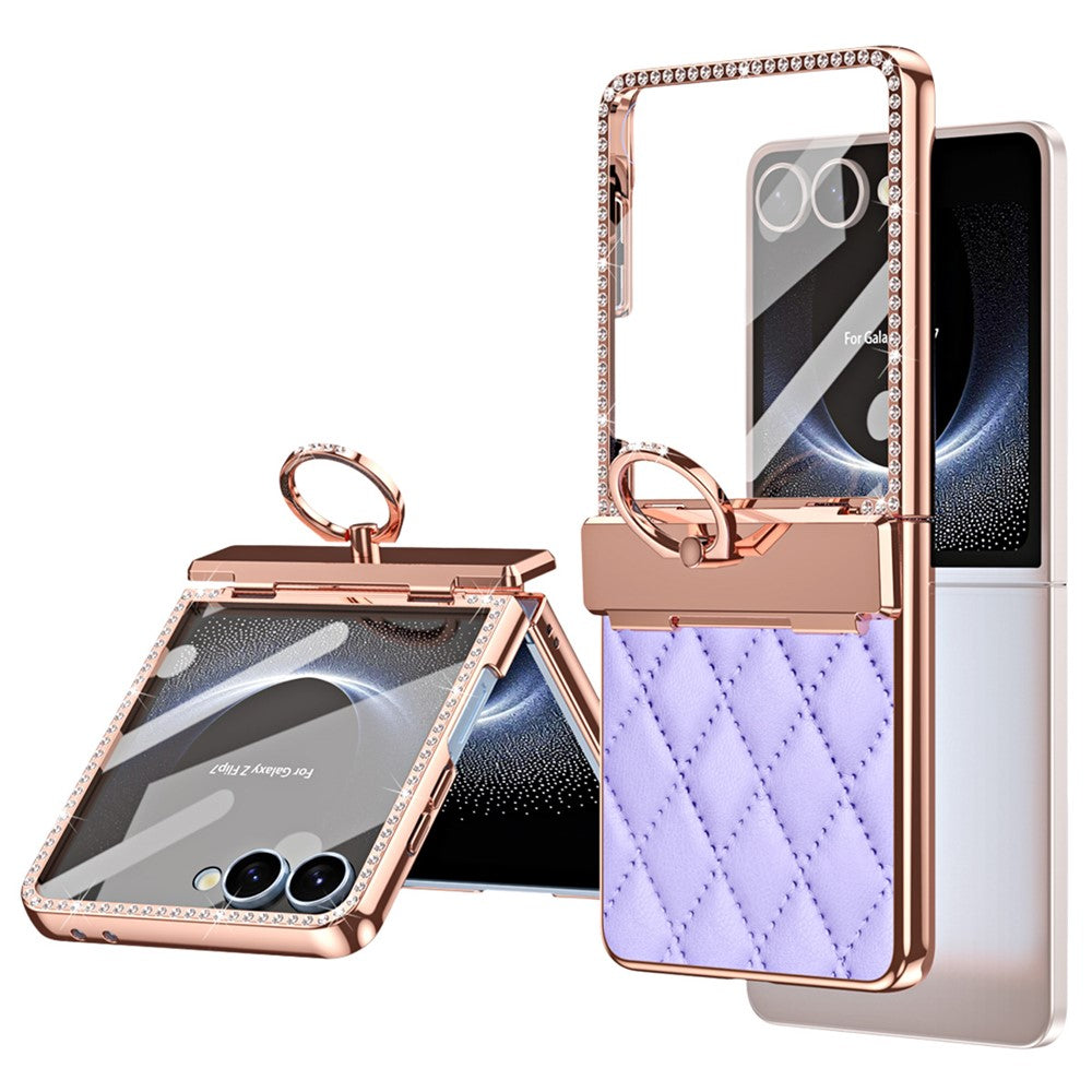 For Samsung Galaxy Z Flip7 5G Case Ring Holder Rhinestone Decor Leather + PC Cover with Rear Screen Film - Purple