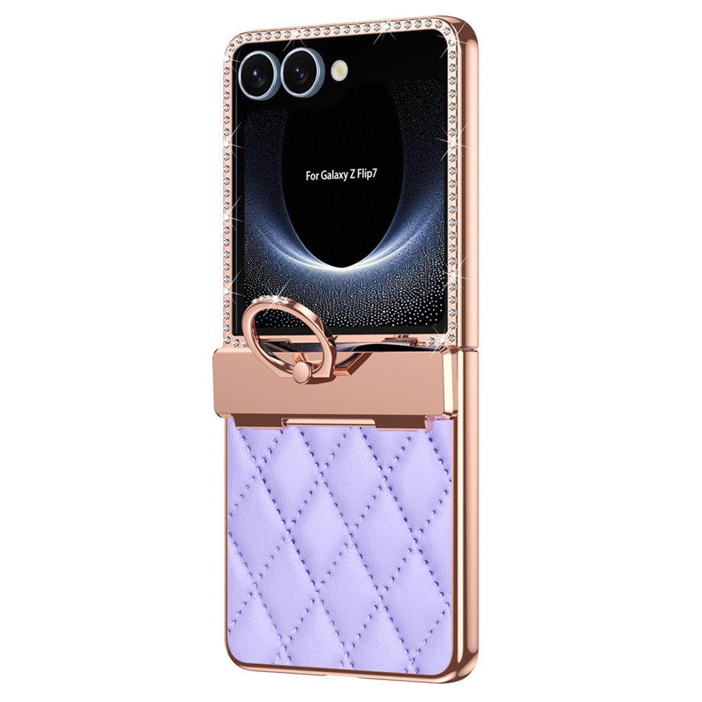 For Samsung Galaxy Z Flip7 5G Case Ring Holder Rhinestone Decor Leather + PC Cover with Rear Screen Film - Purple