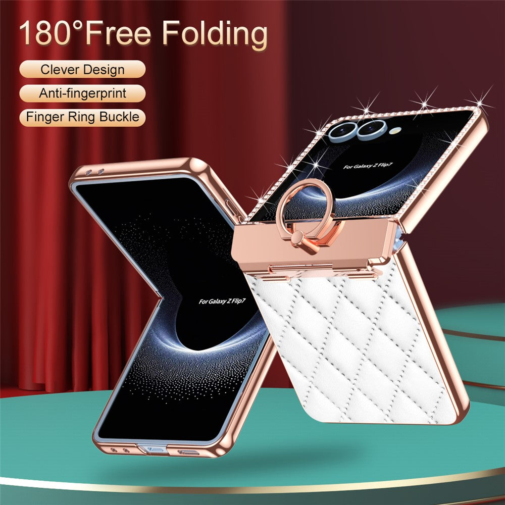For Samsung Galaxy Z Flip7 5G Case Ring Holder Rhinestone Decor Leather + PC Cover with Rear Screen Film - Purple