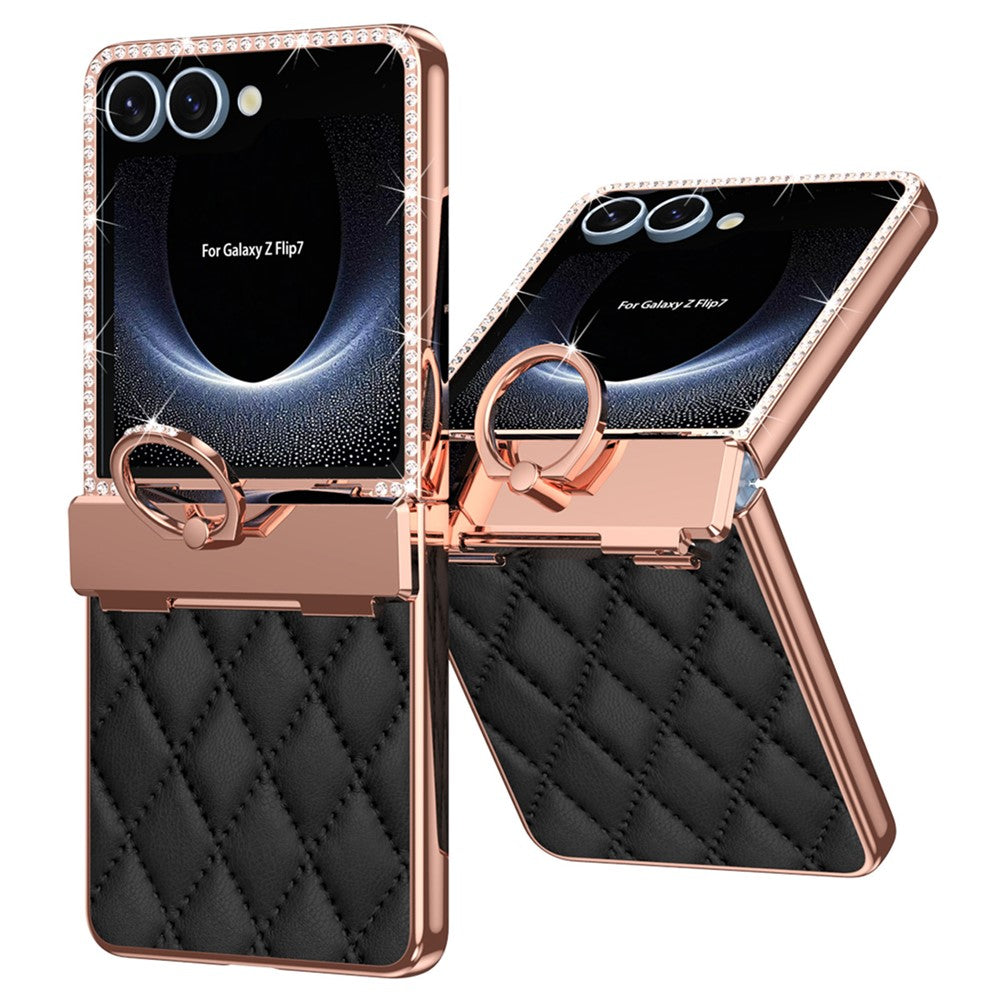 For Samsung Galaxy Z Flip7 5G Case Ring Holder Rhinestone Decor Leather + PC Cover with Rear Screen Film - Black