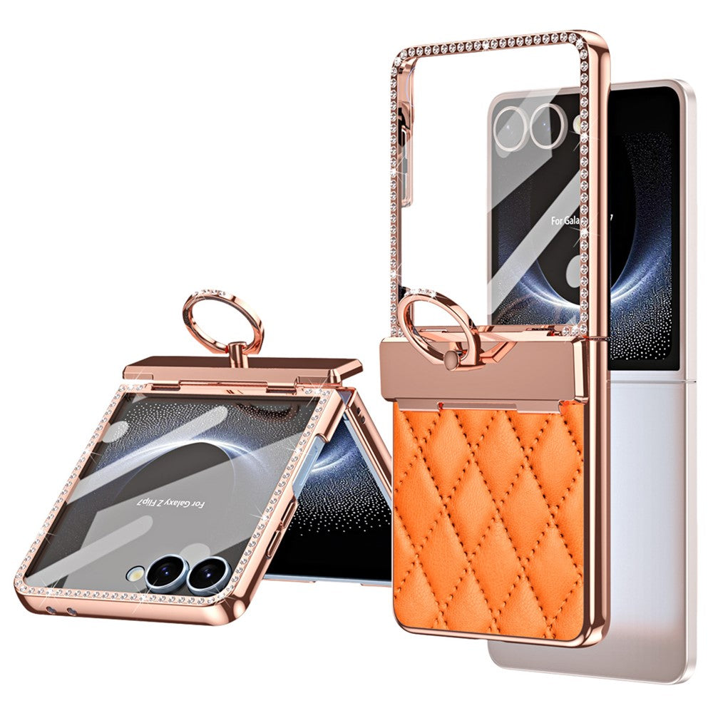 For Samsung Galaxy Z Flip7 5G Case Ring Holder Rhinestone Decor Leather + PC Cover with Rear Screen Film - Orange