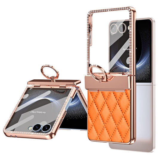 For Samsung Galaxy Z Flip7 5G Case Ring Holder Rhinestone Decor Leather + PC Cover with Rear Screen Film - Orange