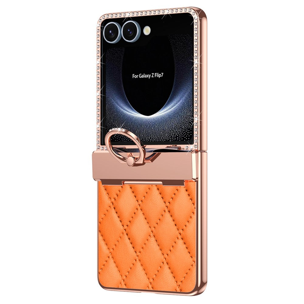 For Samsung Galaxy Z Flip7 5G Case Ring Holder Rhinestone Decor Leather + PC Cover with Rear Screen Film - Orange