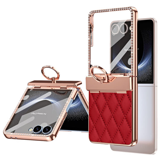 For Samsung Galaxy Z Flip7 5G Case Ring Holder Rhinestone Decor Leather + PC Cover with Rear Screen Film - Wine Red