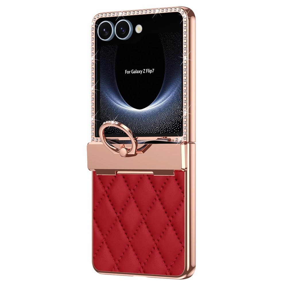 For Samsung Galaxy Z Flip7 5G Case Ring Holder Rhinestone Decor Leather + PC Cover with Rear Screen Film - Wine Red