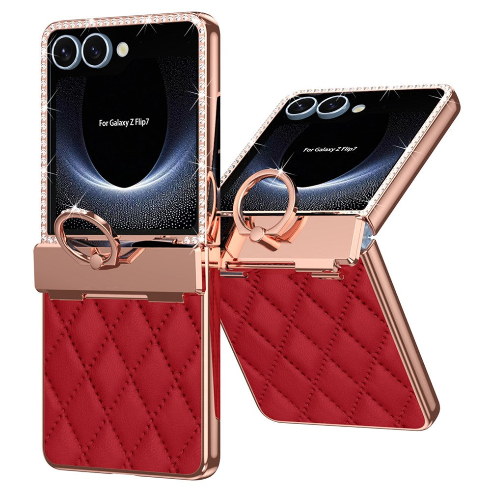 For Samsung Galaxy Z Flip7 5G Case Ring Holder Rhinestone Decor Leather + PC Cover with Rear Screen Film - Wine Red