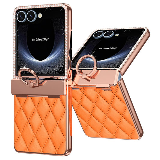 For Samsung Galaxy Z Flip7 5G Case Rhinestone Decoration Ring Holder Rhombus Leather + PC Phone Cover - Orange