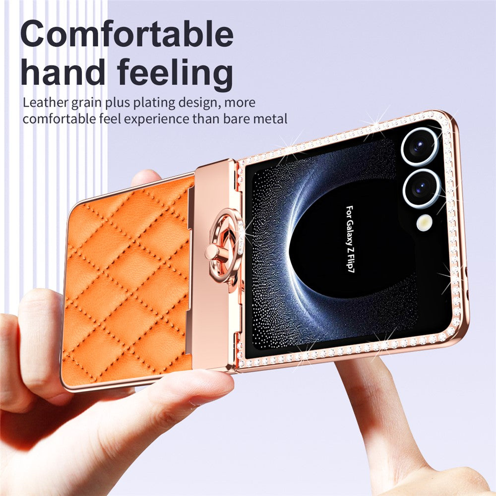 For Samsung Galaxy Z Flip7 5G Case Rhinestone Decoration Ring Holder Rhombus Leather + PC Phone Cover - Orange