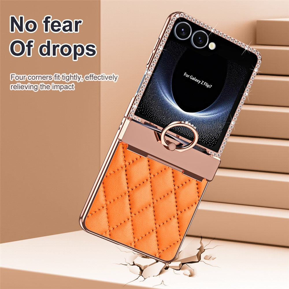 For Samsung Galaxy Z Flip7 5G Case Rhinestone Decoration Ring Holder Rhombus Leather + PC Phone Cover - Orange