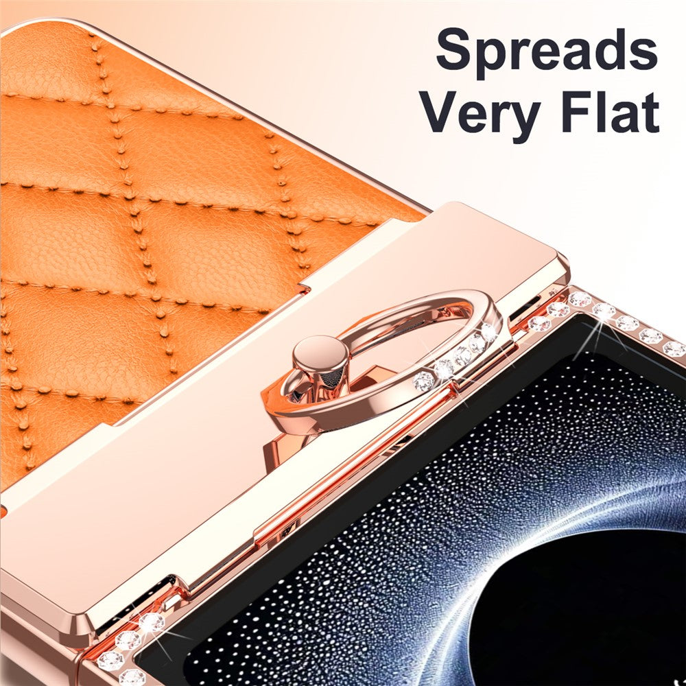 For Samsung Galaxy Z Flip7 5G Case Rhinestone Decoration Ring Holder Rhombus Leather + PC Phone Cover - Orange