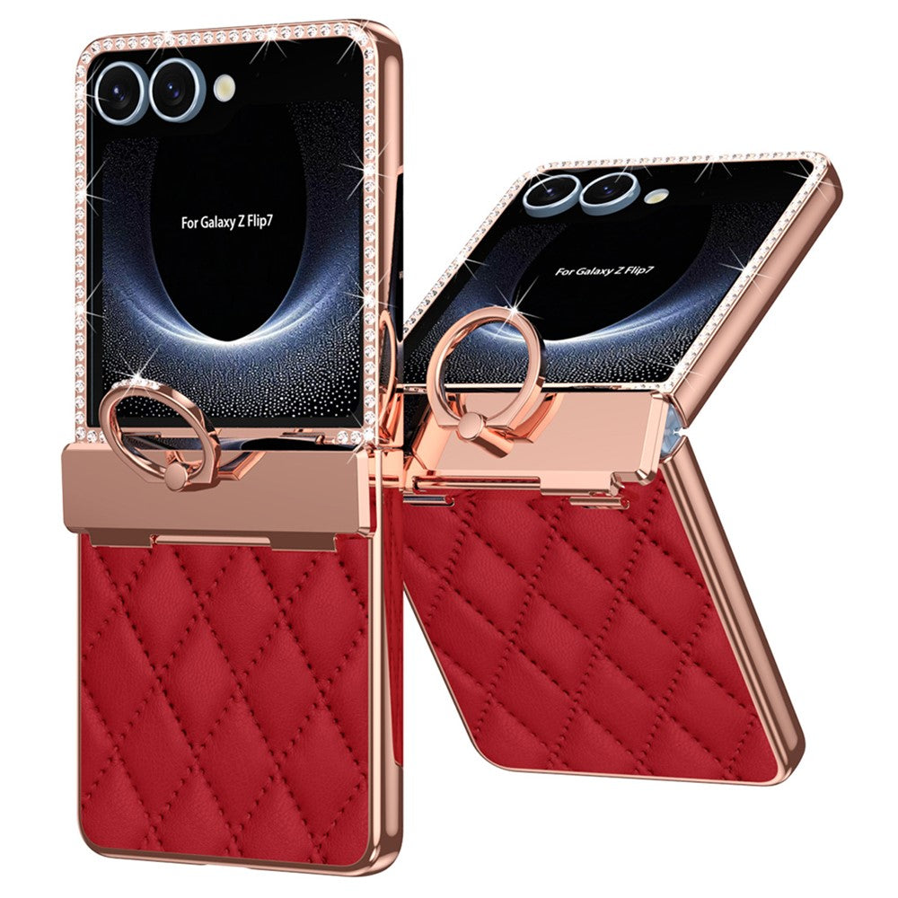 For Samsung Galaxy Z Flip7 5G Case Rhinestone Decoration Ring Holder Rhombus Leather + PC Phone Cover - Wine Red