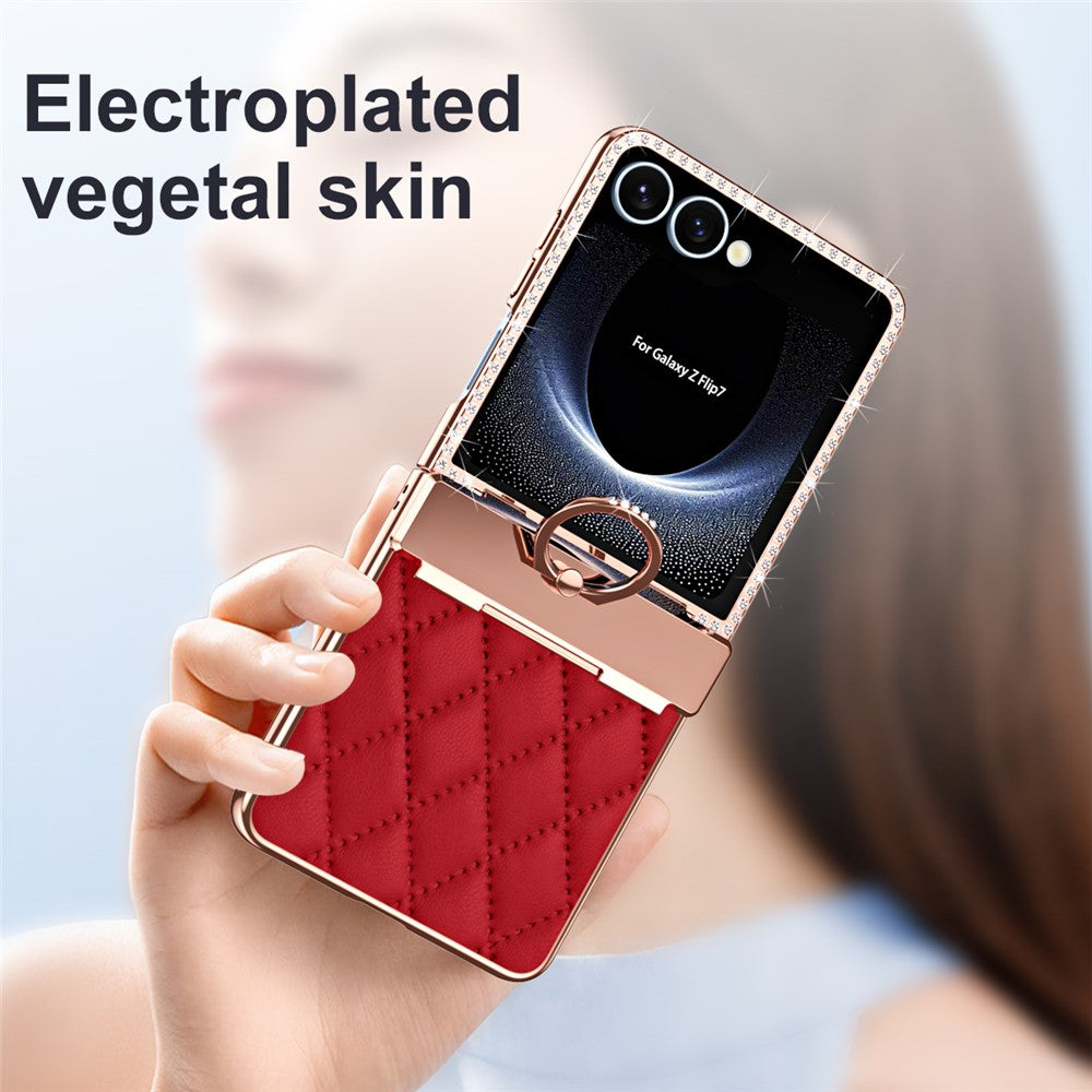 For Samsung Galaxy Z Flip7 5G Case Rhinestone Decoration Ring Holder Rhombus Leather + PC Phone Cover - Wine Red