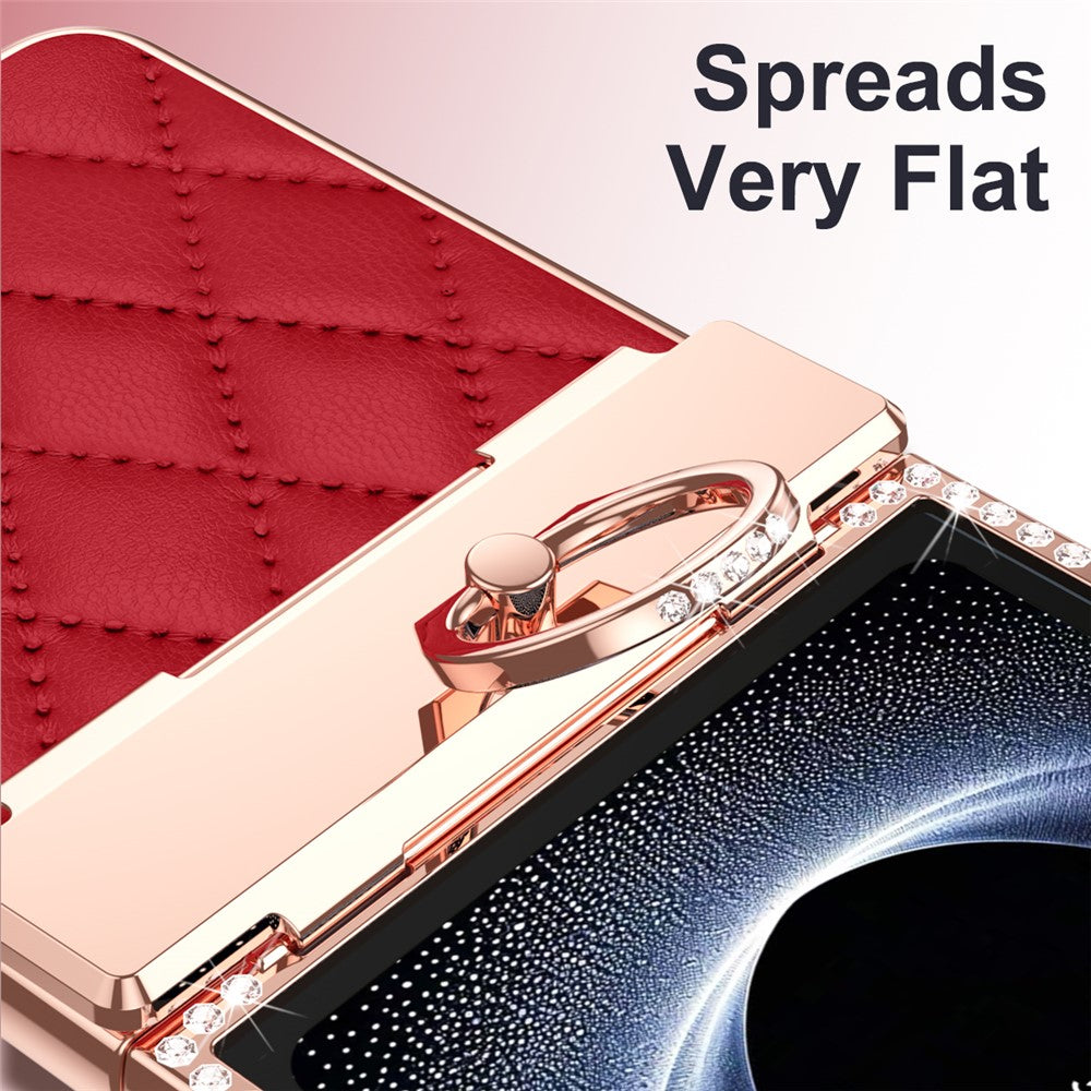 For Samsung Galaxy Z Flip7 5G Case Rhinestone Decoration Ring Holder Rhombus Leather + PC Phone Cover - Wine Red