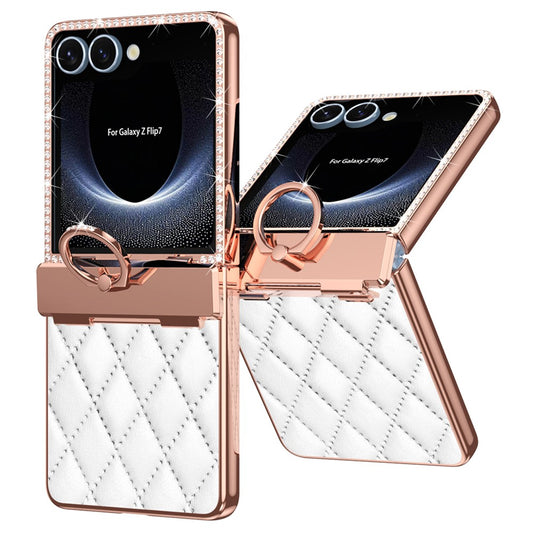 For Samsung Galaxy Z Flip7 5G Case Rhinestone Decoration Ring Holder Rhombus Leather + PC Phone Cover - White