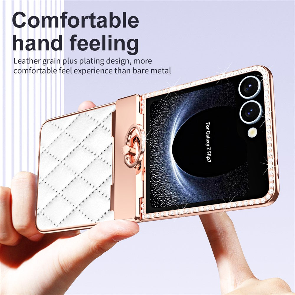 For Samsung Galaxy Z Flip7 5G Case Rhinestone Decoration Ring Holder Rhombus Leather + PC Phone Cover - White