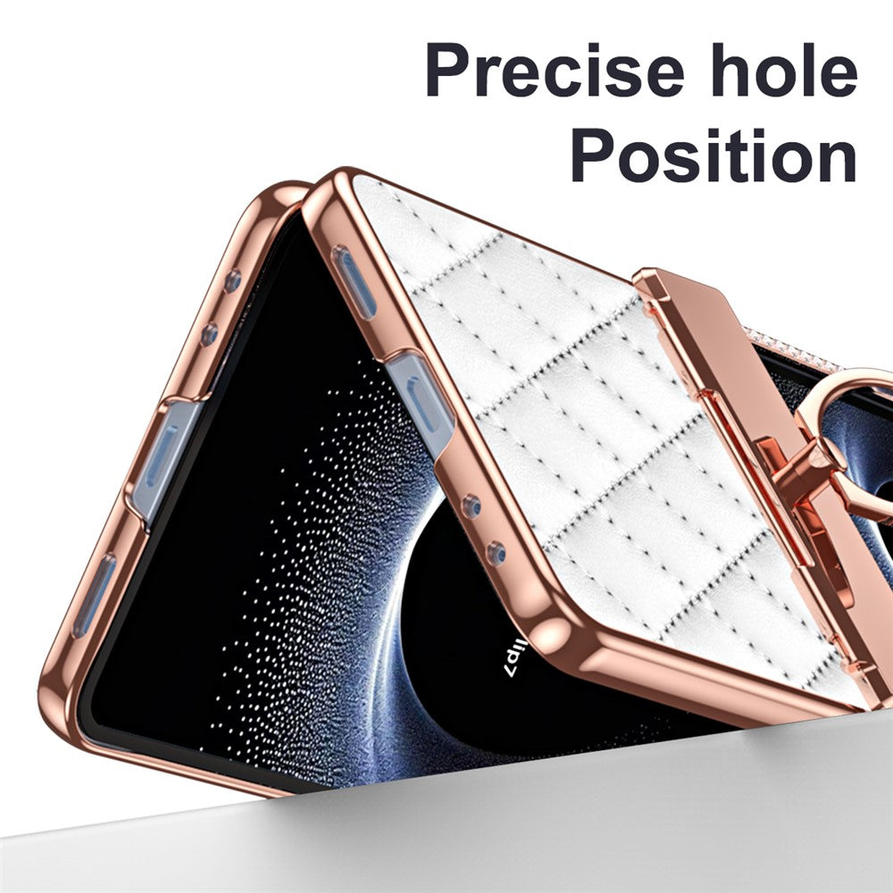 For Samsung Galaxy Z Flip7 5G Case Rhinestone Decoration Ring Holder Rhombus Leather + PC Phone Cover - White