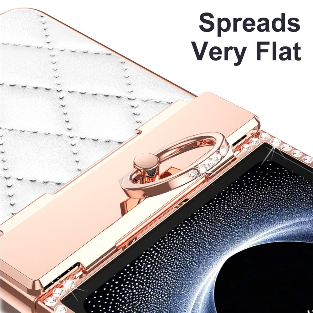 For Samsung Galaxy Z Flip7 5G Case Rhinestone Decoration Ring Holder Rhombus Leather + PC Phone Cover - White