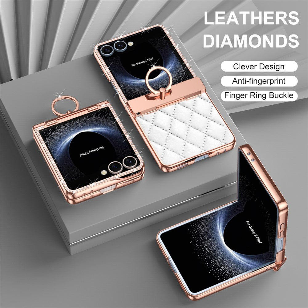 For Samsung Galaxy Z Flip7 5G Case Rhinestone Decoration Ring Holder Rhombus Leather + PC Phone Cover - White