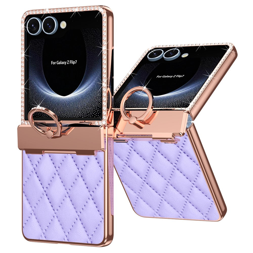For Samsung Galaxy Z Flip7 5G Case Rhinestone Decoration Ring Holder Rhombus Leather + PC Phone Cover - Purple