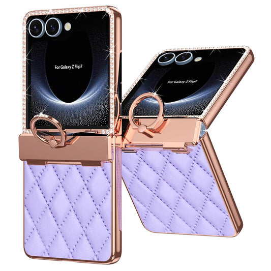 For Samsung Galaxy Z Flip7 5G Case Rhinestone Decoration Ring Holder Rhombus Leather + PC Phone Cover - Purple
