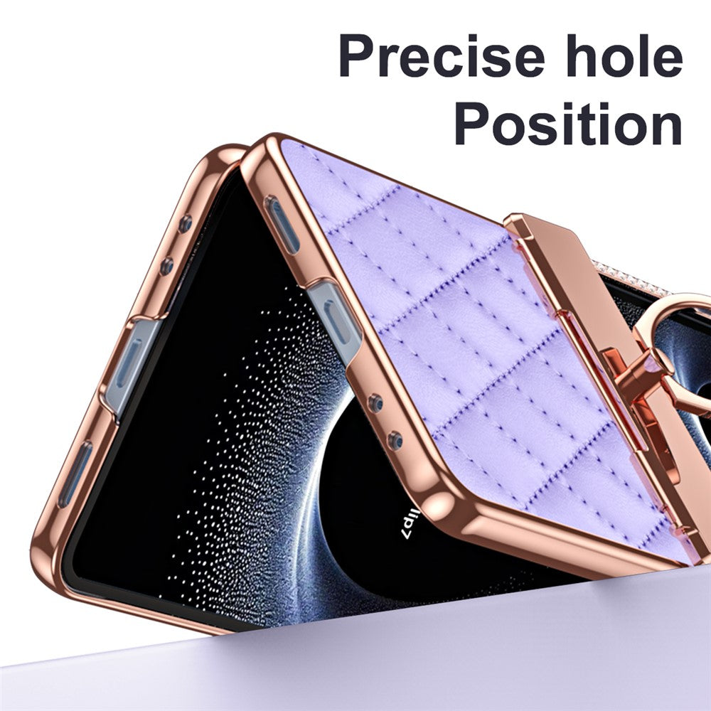 For Samsung Galaxy Z Flip7 5G Case Rhinestone Decoration Ring Holder Rhombus Leather + PC Phone Cover - Purple