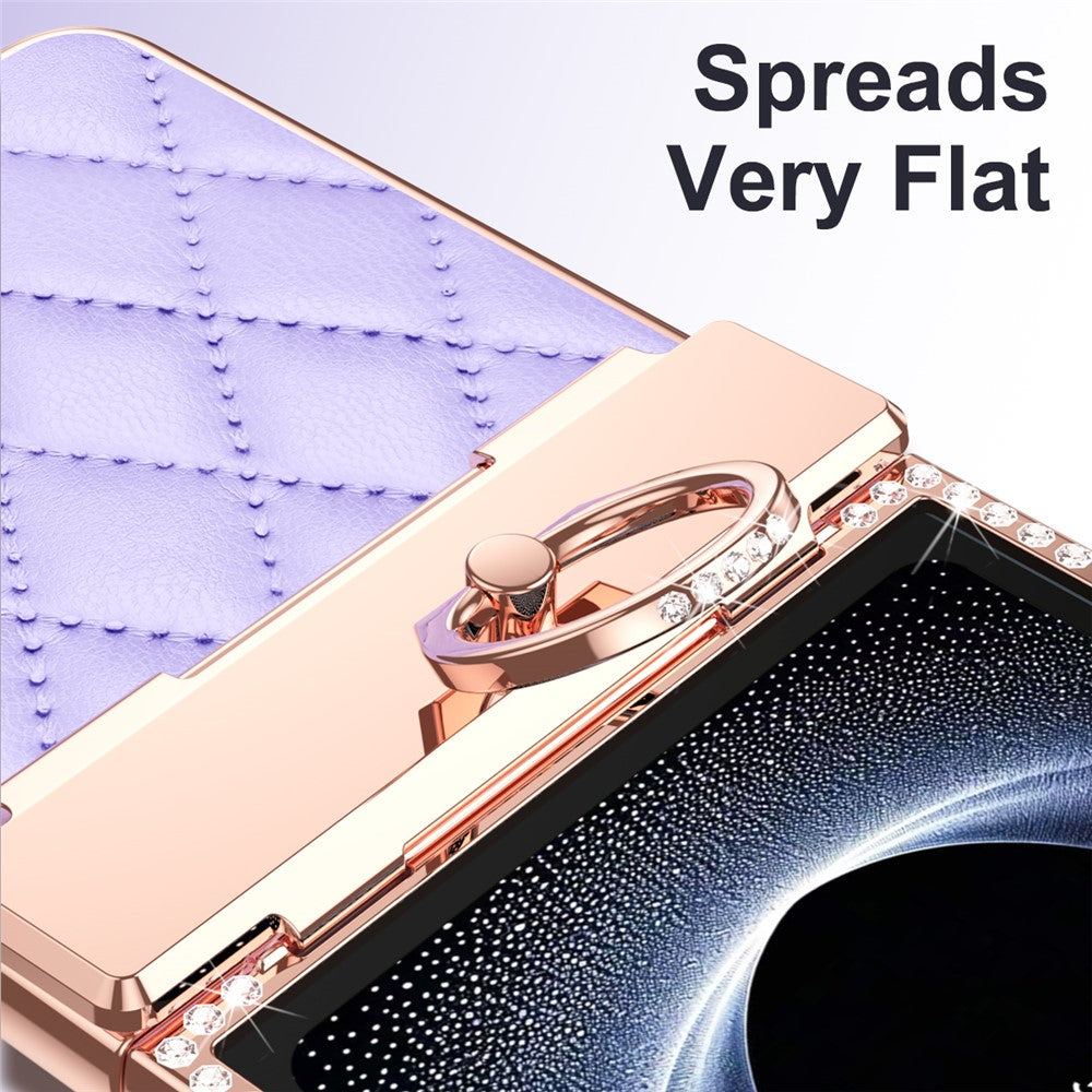 For Samsung Galaxy Z Flip7 5G Case Rhinestone Decoration Ring Holder Rhombus Leather + PC Phone Cover - Purple
