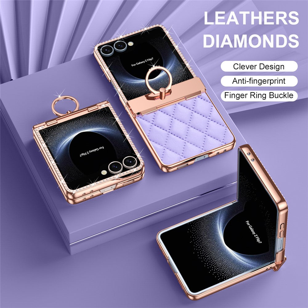 For Samsung Galaxy Z Flip7 5G Case Rhinestone Decoration Ring Holder Rhombus Leather + PC Phone Cover - Purple