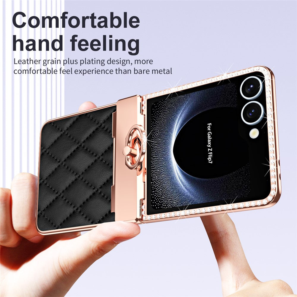 For Samsung Galaxy Z Flip7 5G Case Rhinestone Decoration Ring Holder Rhombus Leather + PC Phone Cover - Black