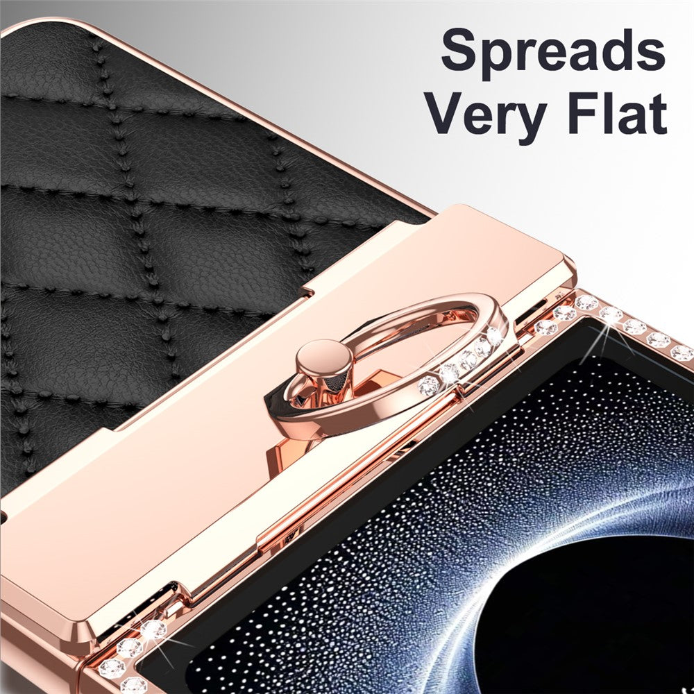 For Samsung Galaxy Z Flip7 5G Case Rhinestone Decoration Ring Holder Rhombus Leather + PC Phone Cover - Black