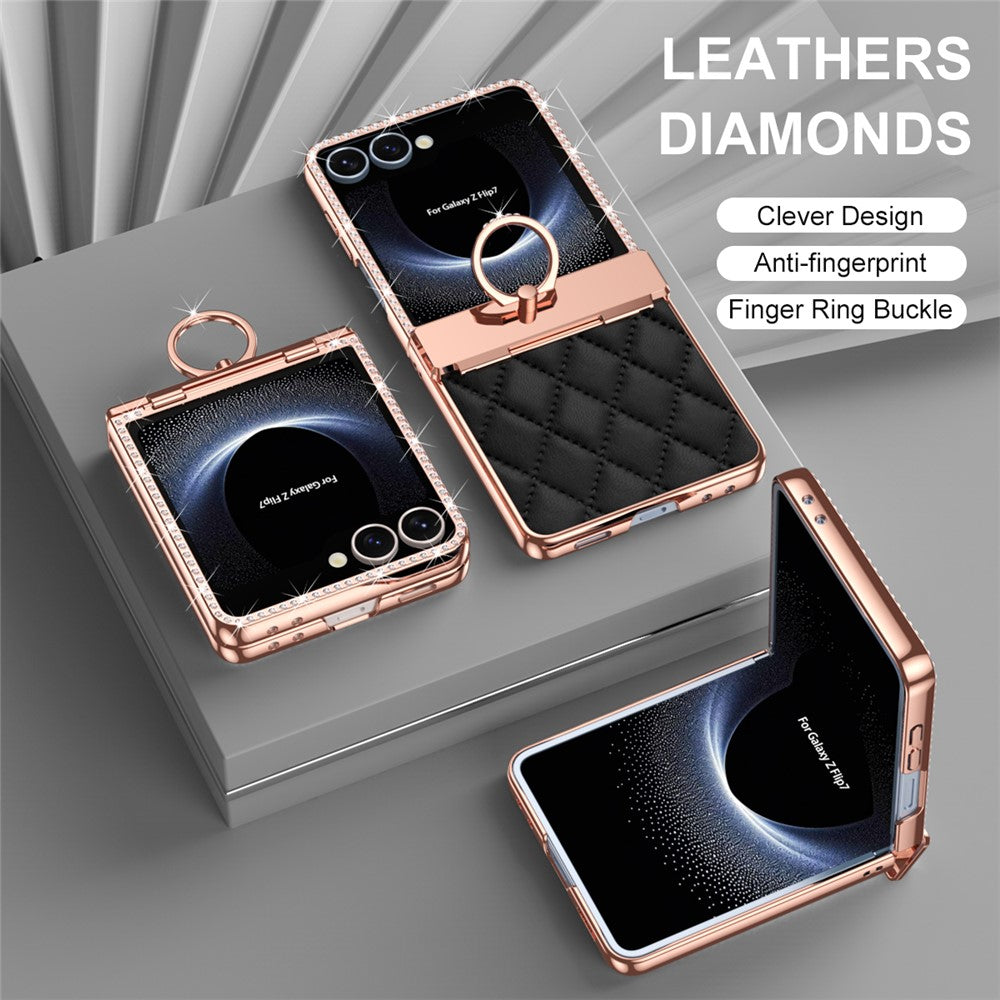 For Samsung Galaxy Z Flip7 5G Case Rhinestone Decoration Ring Holder Rhombus Leather + PC Phone Cover - Black