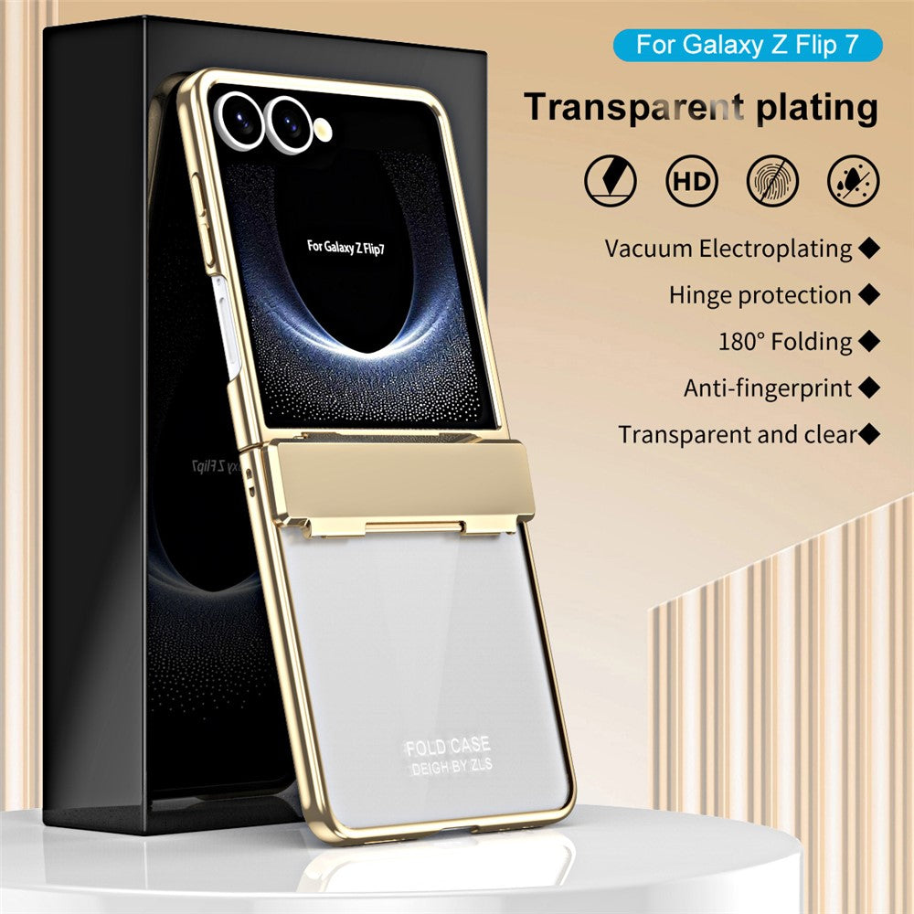 For Samsung Galaxy Z Flip7 5G Case Electroplating PC Folding Phone Cover with Screen Protector - Gold