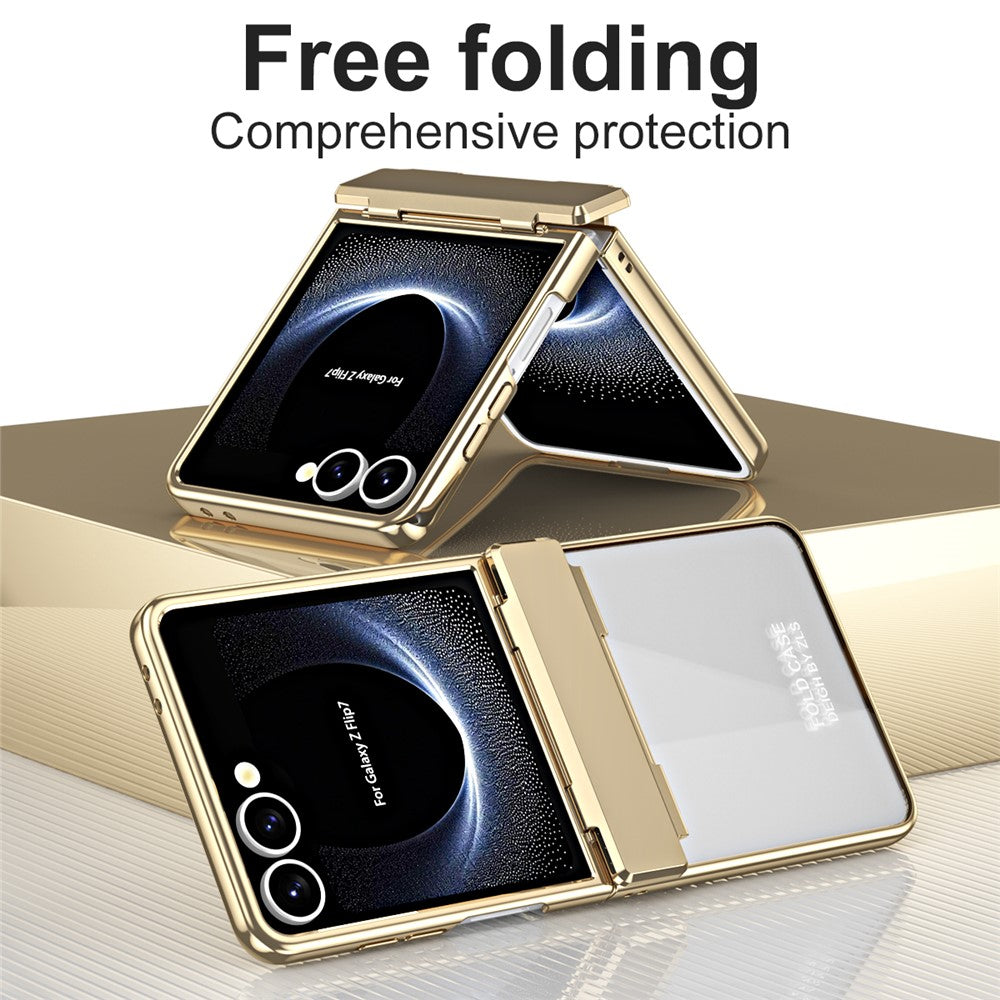 For Samsung Galaxy Z Flip7 5G Case Electroplating PC Folding Phone Cover with Screen Protector - Gold