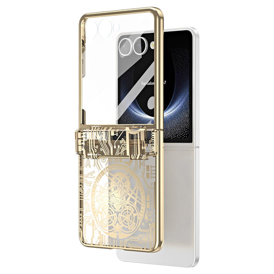 For Samsung Galaxy Z Flip7 5G Case Mechanical Legend Electroplating PC Phone Cover with Rear Screen Film - Gold